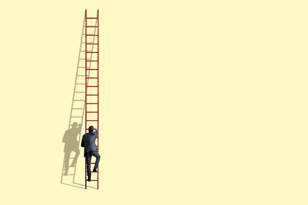 Person from behind climbing a ladder on the lower rungs. It's meant to illustrate climbing the economic ladder.