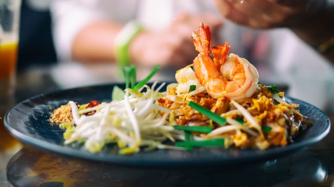 Thai Fried Noodles "Pad Thai" with shrimp and vegetables