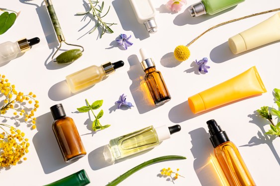 Trendy collage made of natural cosmetics and beauty products for body and face care