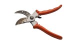 cutting shears with a red handle against a white background
