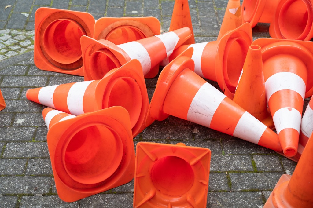 A bunch of traffic warning cones. Germany.