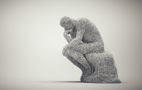 Thoughtful man sitting down. Confusion and overthinking concept. This is a 3d render illustration