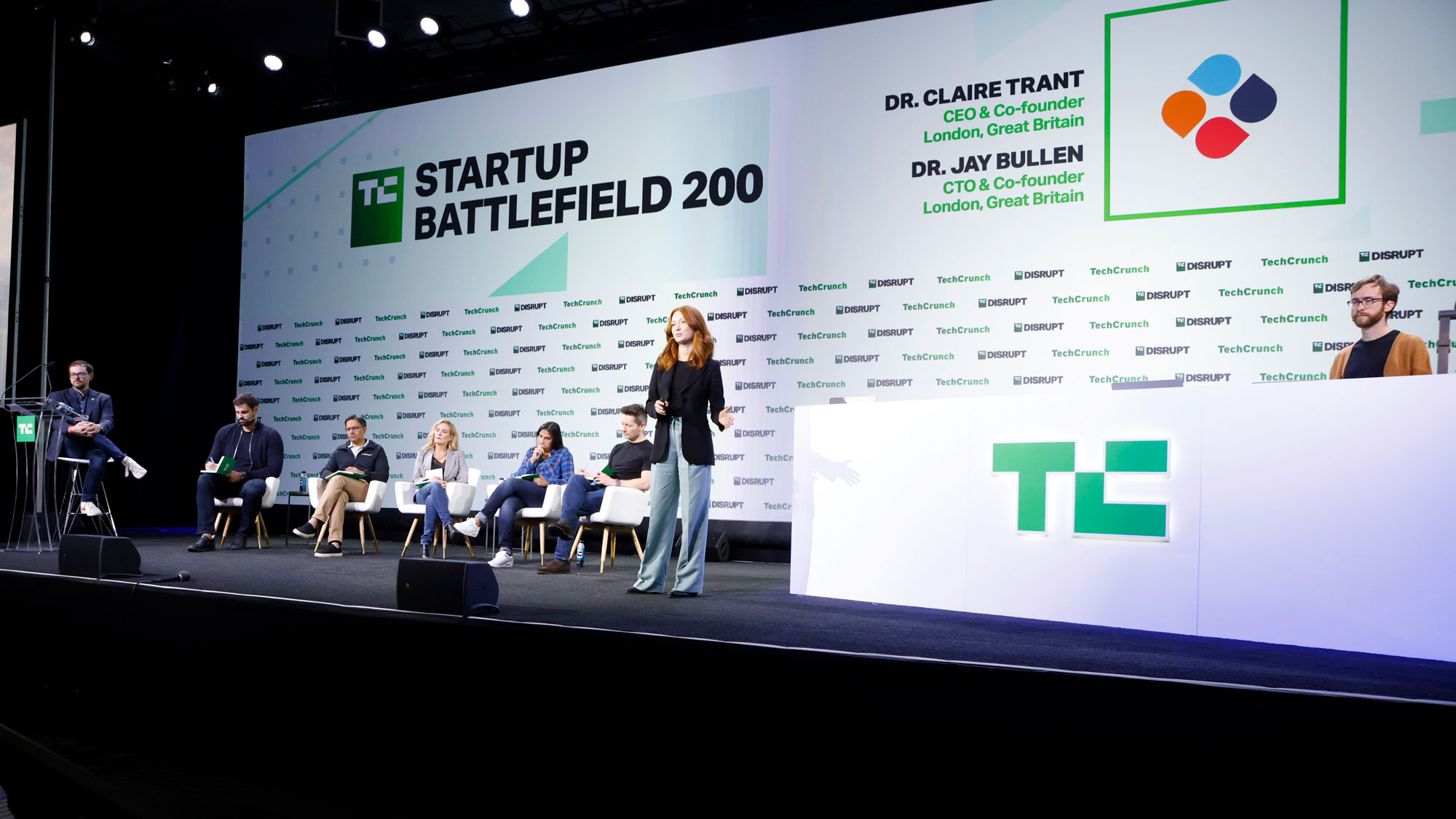 SAN FRANCISCO, CALIFORNIA - SEPTEMBER 20: (L-R) TechCrunch Managing Editor Matt Burns, Greylock Partner Jacob Andreou, Lightspeed Venture Partners Partner Guru Chahal, Canvas Ventures Co-Founder & General Partner Rebecca Lynn, Y Combinator Group Partner Surbhi Sarna, Khosla Ventures Partner Nikita Shamgunov, Untap Health CEO & Co-Founder Dr. Claire Trant, and Untap Health CTO & Co-Founder Dr. Jay Bullen speak onstage during TechCrunch Disrupt 2023 at Moscone Center on September 20, 2023 in San Francisco, California. (Photo by Kimberly White/Getty Images for TechCrunch)