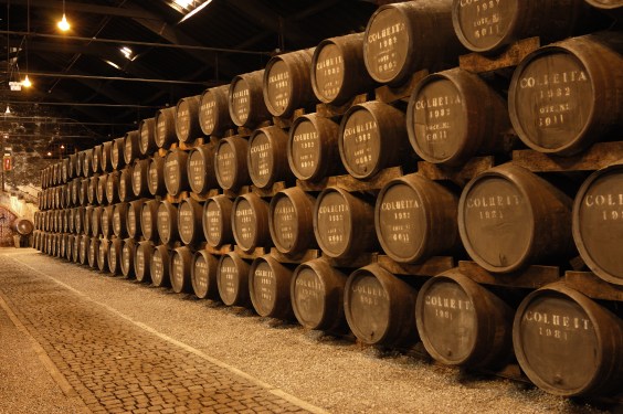 Line of stacked casks filled with aging port