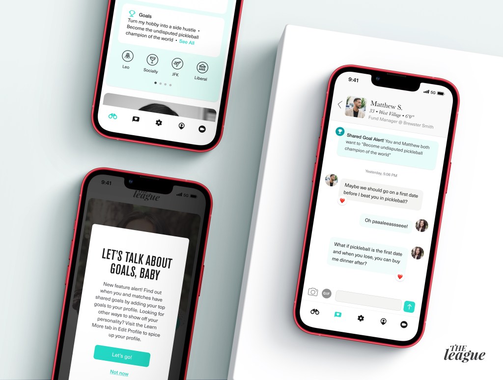 Dating app The League displayed on several mobile phone screens