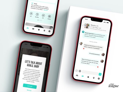 Dating app The League displayed on several mobile phone screens