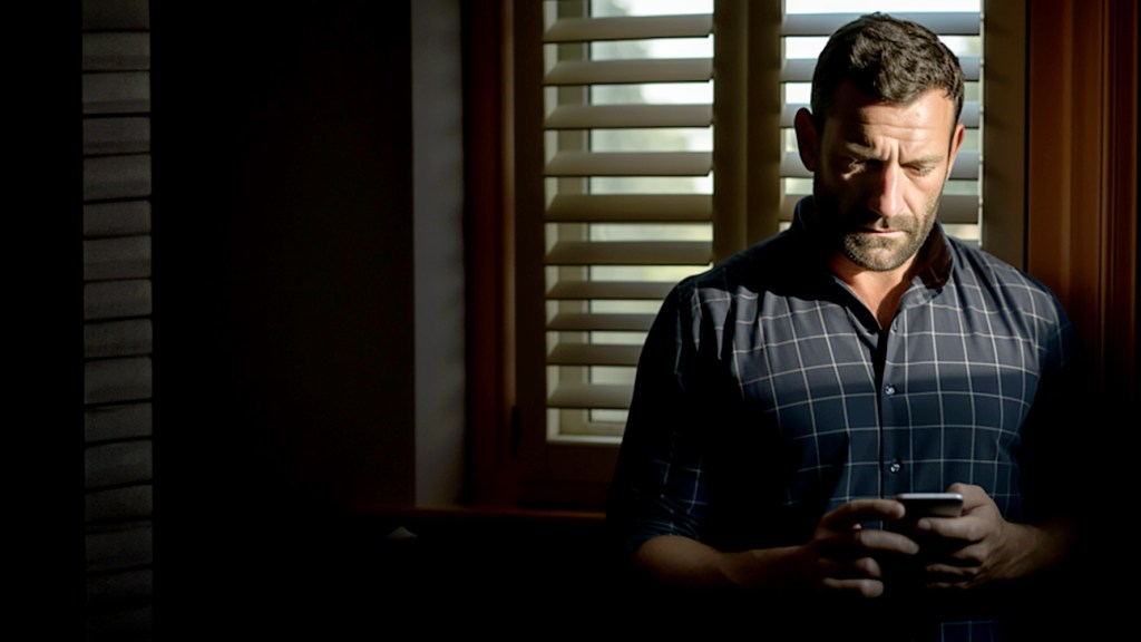 A man in a dramatically lit room is holding a smartphone