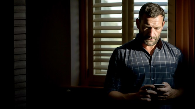 A man in a dramatically lit room is holding a smartphone