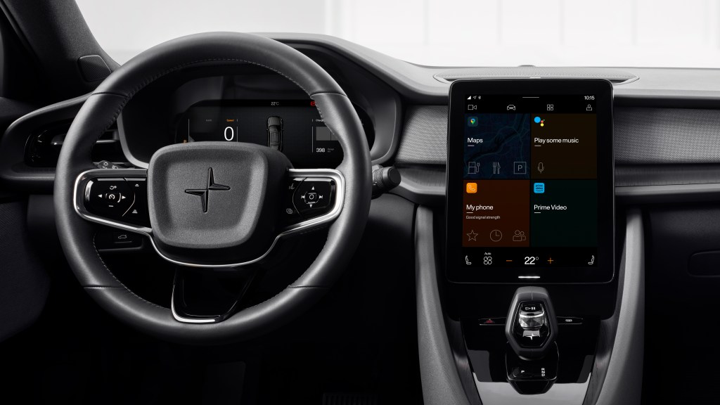 An image of the inside of a Polestar 2 showing the center screen and several apps, including Amazon Prime.