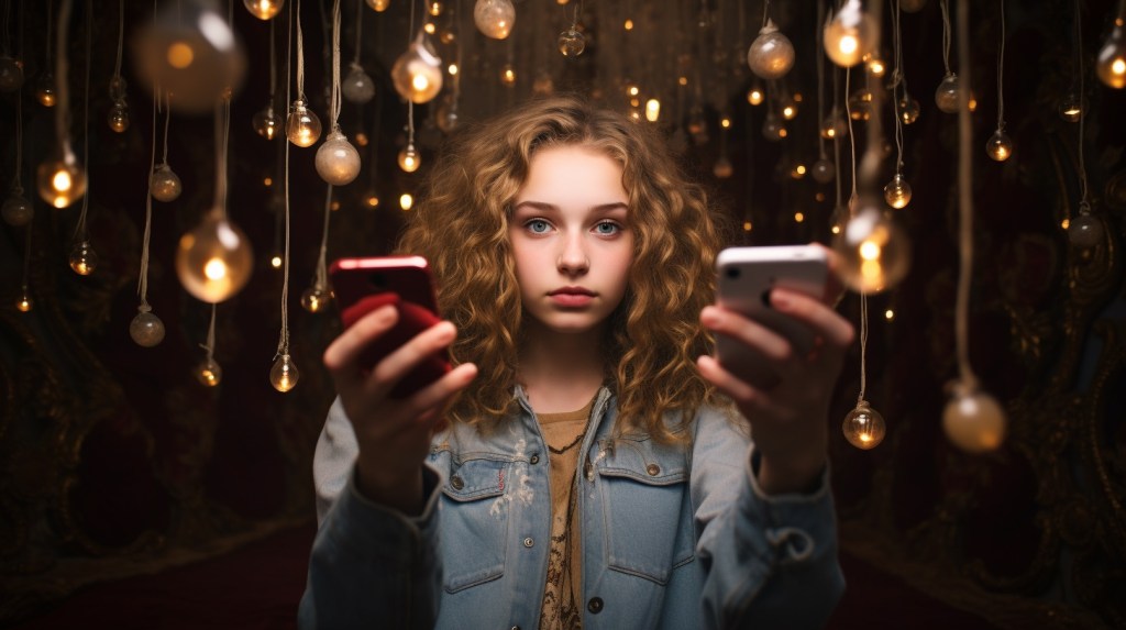 young woman holding iPhones, one in each hand