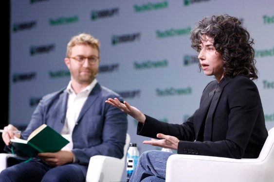 Meredith Whittaker speaks onstage in an interview with Devin Coldewey at TechCrunch Disrupt 2023 in San Francisco.