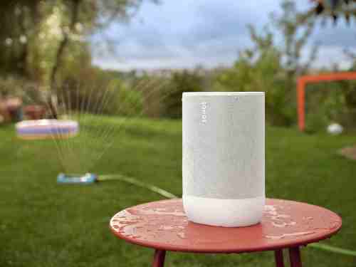 Sonos portable speaker on a table outside