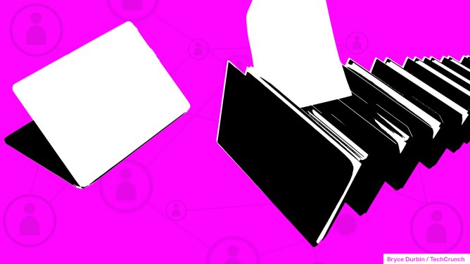 a laptop, file folders and connected lines between head and torso icons