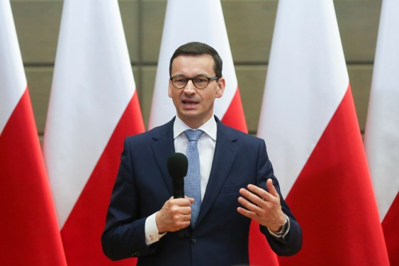 Polish Prime Minister Mateusz Morawiecki gives a speech during his visit in Krakow, Poland on 15 April, 2018. (Photo by Beata Zawrzel/NurPhoto via Getty Images)