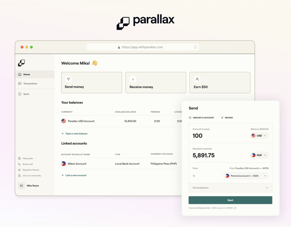 Parallax's user interface for transferring and receiving money