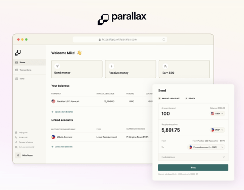 Parallax's user interface for transferring and receiving money