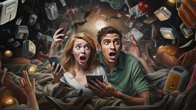 A couple scared to death by all the info coming to them from their devices