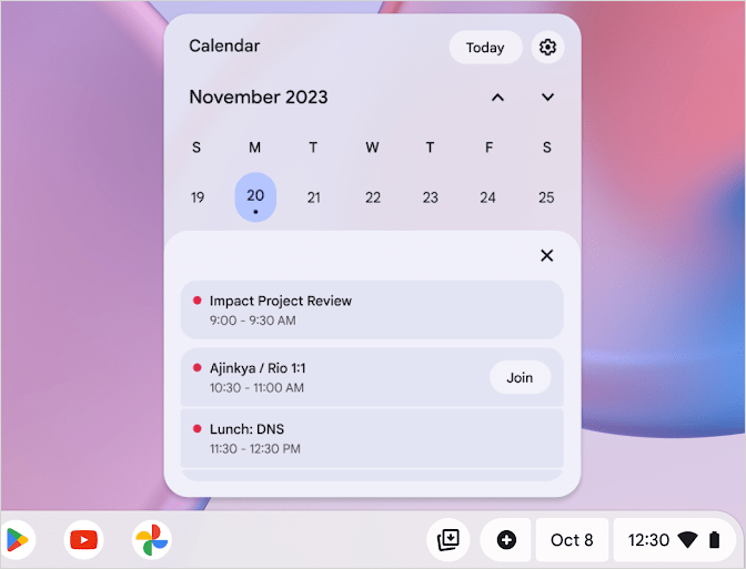 Chromebook calendar menu