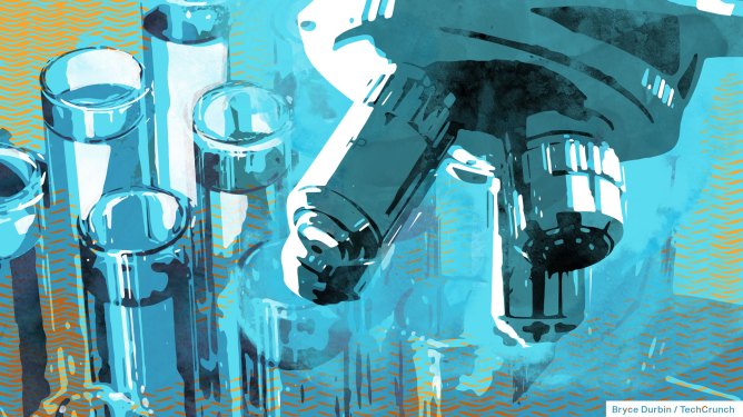 illustration of laboratory beakers and a microscope
