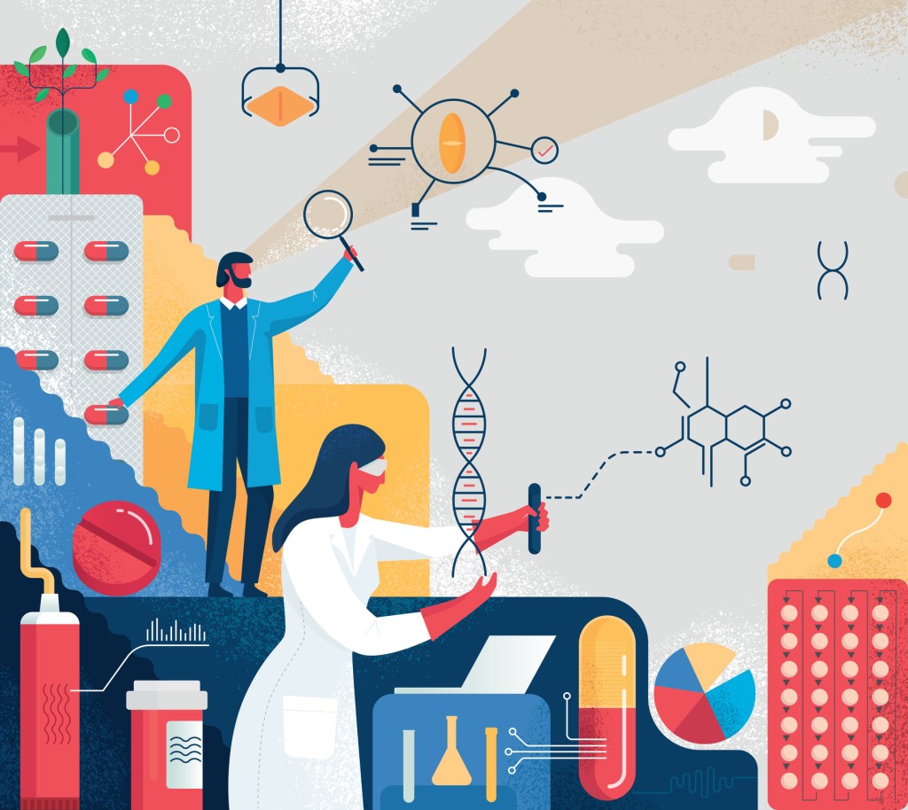 Illustration of researchers, pills and formulas meant to represent drug discovery.