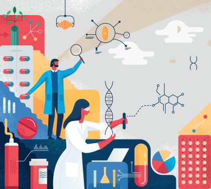 Illustration of researchers, pills and formulas meant to represent drug discovery.