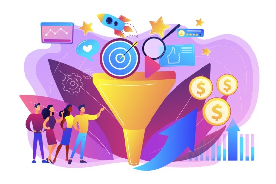 Illustration of four people standing around a sales funnel with dollar signs on the other side indicating sales are up.