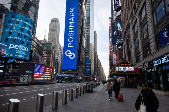 Petco Health and Wellness Co. and Poshmark Inc. signage outside the Nasdaq MarketSite during their initial public offering (IPO) in New York