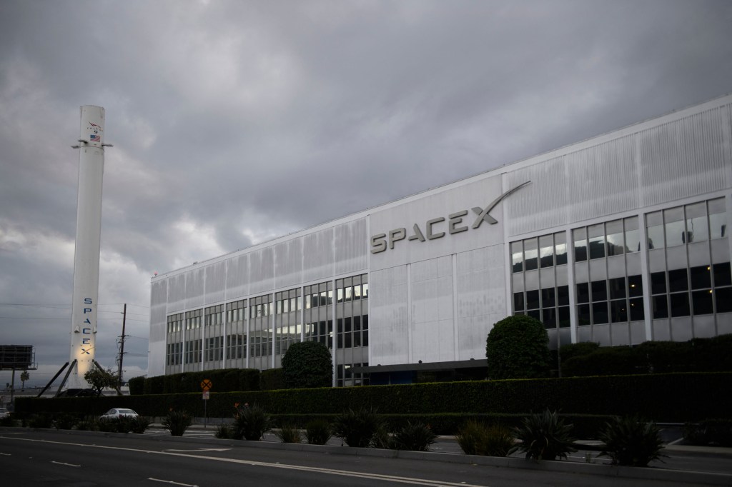 A Falcon 9 rocket is displayed outside the Space Exploration Technologies Corp. (SpaceX) headquarters in Hawthorne, California.
