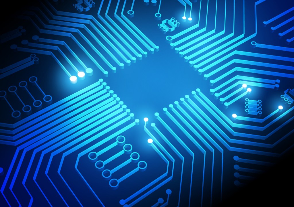 Computer board with circuitry connecting in the center on a blue background.