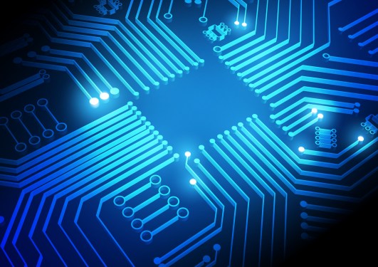 Computer board with circuitry connecting in the center on a blue background.