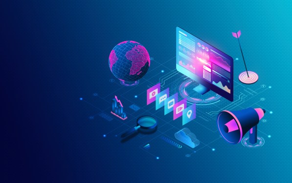Concept illustration for marketing, showing a laptop surrounded by a globe, bullhorn and abstract social media icons. Colors are primarily teal and purple.