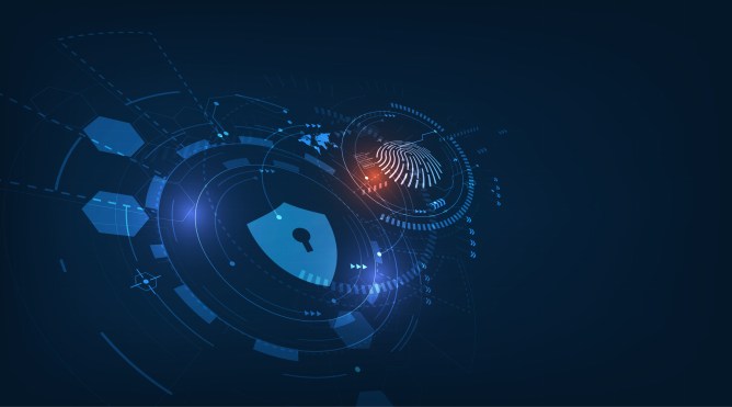 Fingerprint over a lock over a technology background in blue tones.