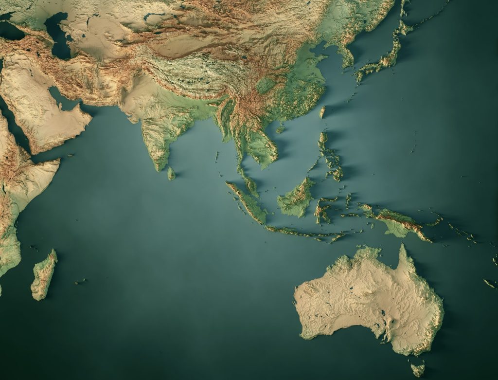 3D Render of a Topographic Map of Asia and Australia.