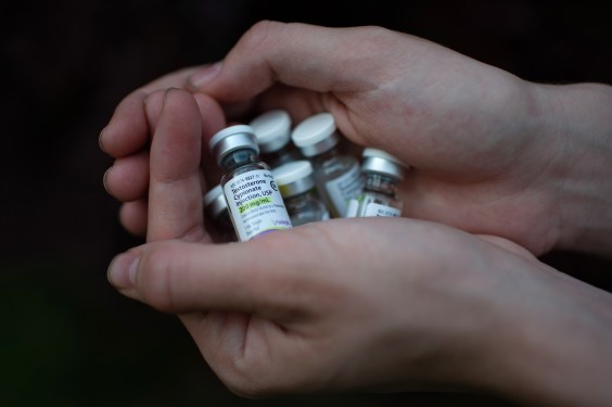 Hands holding several testosterone vials.