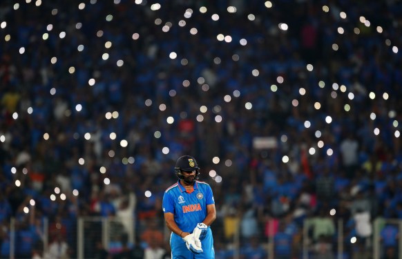 Rohit Sharma of India looks on during the ICC Men's Cricket World Cup India 2023 between India and Pakistan at Narendra Modi Stadium on October 14, 2023 in Ahmedabad, India.