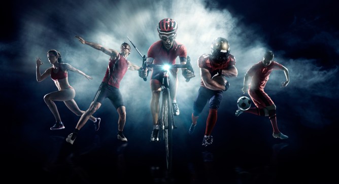 Various athletes including soccer, American football, someone throwing a javelin and a cyclist on a futuristic smoky background.