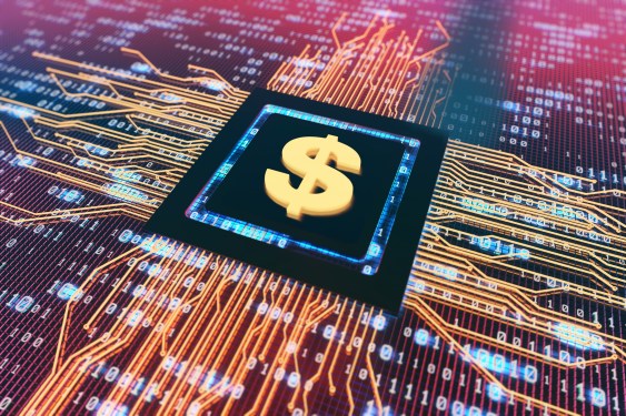 Dollar sign lying on circuit board to symbolize the cost of processing.