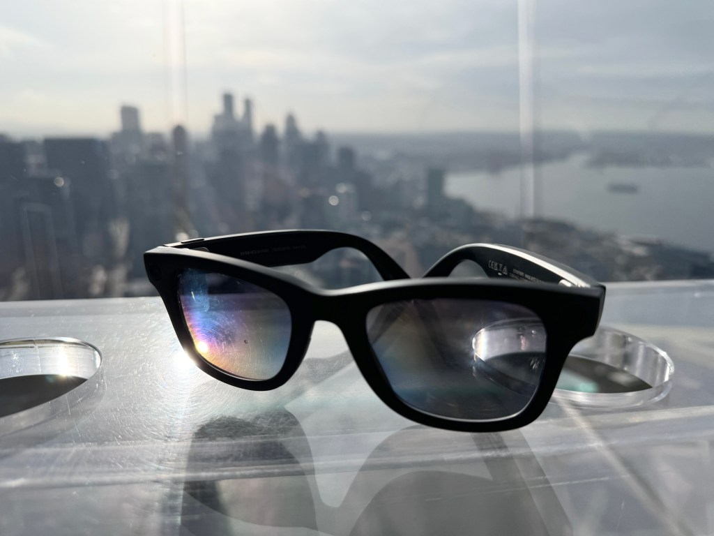The Ray-Ban Meta glasses, which contain a microphone and camera for AI features.