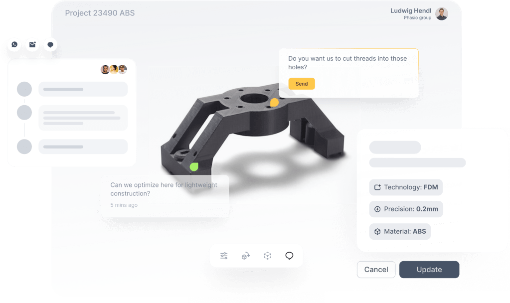 A screenshot of Phasio's platform for collaboration between manufacturers and clients, showing comments left on a 3D rendering of a part