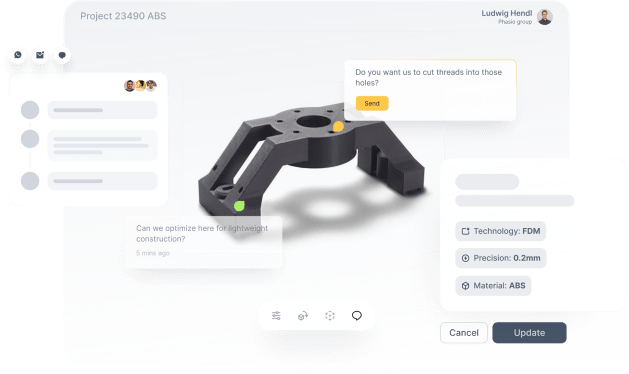 A screenshot of Phasio's platform for collaboration between manufacturers and clients, showing comments left on a 3D rendering of a part