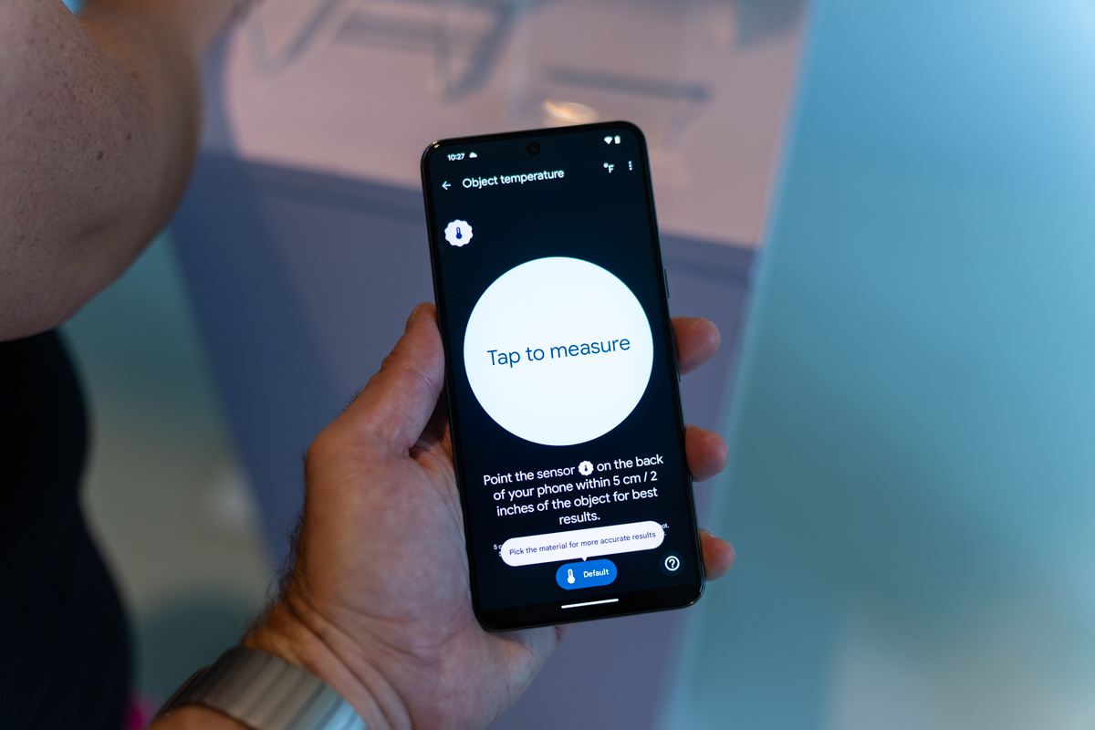 Pixel 8 Pro's thermometer app, showing details of how to use the temp taking feature