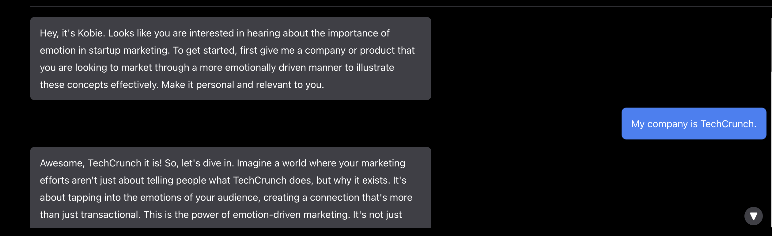 A screen shot of the conversational interface to replace a blog post.