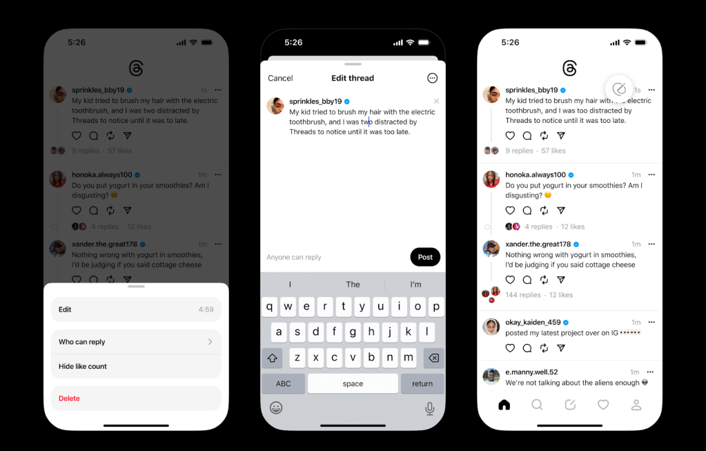 Three screenshots showing Threads' edit option