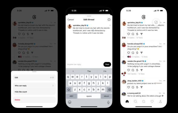 Three screenshots showing Threads' edit option