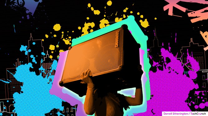 An illustrative decorative graphic featuring a woman carrying a Soundboks party speaker