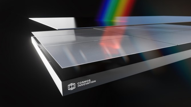 An illustration of Cosmos Innovation's perovskite silicon tandem solar cell, showing a ray of rainbow light shining through it