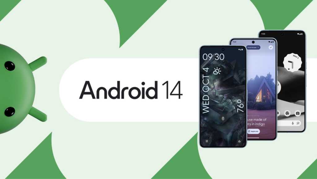 An image reading "Android 14" with screenshots of several features