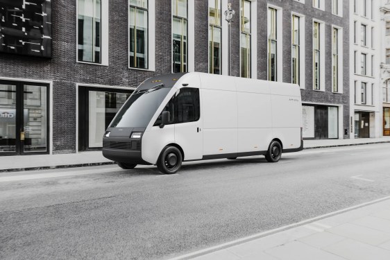 A promotional image shows Arrival's electric van on an empty street.