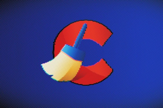 a screenshot of CCleaner's pixelated logo on a darkened blue background.
