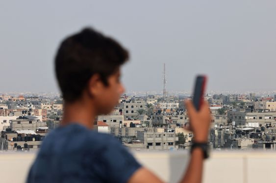 An antenna of a communications tower that relays phone and internet signals is pictured in Rafah, in the southern Gaza Strip on October 28 , 2023, amid the ongoing battles between Israel and the Palestinian group Hamas. Internet access and the phone network were completely cut across the Gaza Strip on October 28, nearly three weeks after Israel began bombarding the enclave following an armed attack by Hamas militants that Israeli officials say killed at least 1,400 people, mostly civilians. (Photo by MOHAMMED ABED / AFP) (Photo by MOHAMMED ABED/AFP via Getty Images)